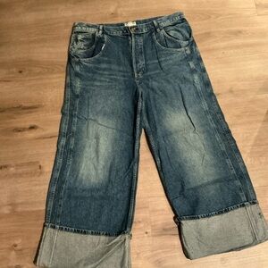 We The Free Wide-Leg Cuffed Jeans in Washed Blue